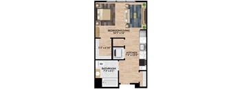 A floor plan of a small apartment with a bedroom, kitchen, and bathroom.