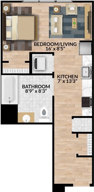 A floor plan of a small apartment with a bedroom, living room, kitchen, and bathroom.