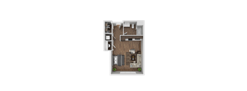 A top-down view of a small apartment layout with a kitchen, living room, and bedroom.