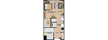 A floor plan of a bedroom/living room, kitchen, and bathroom layout.