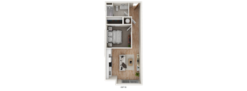 A top-down view of a small, neatly organized apartment with a bedroom, bathroom, and kitchenette.
