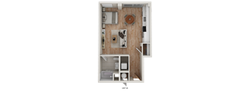 A top-down view of a small apartment with a living room, kitchen, and bathroom.