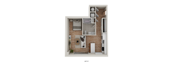 A 3D rendered image of a small apartment layout.