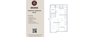 A floor plan of a one bedroom apartment with a kitchen and living room.