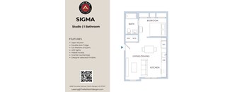A floor plan of a studio apartment with a kitchen, living room, and bathroom.