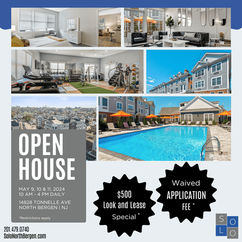 a poster for an open house with photos of apartments and a pool