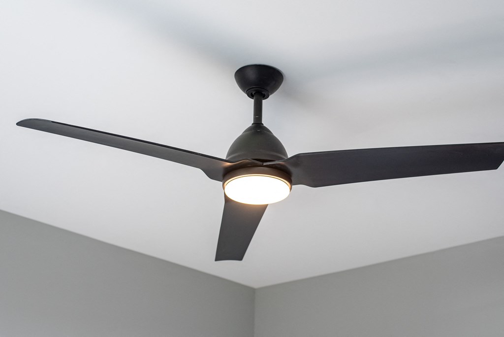 a ceiling fan with a light in a room