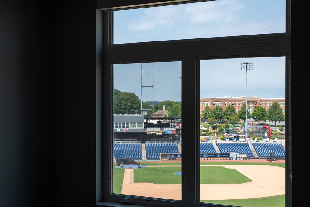 a view of a baseball stadium from a window