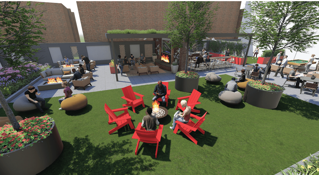 Courtyard with bar, grilling areas, dining areas, gaming, fire pits and more at the Rail at Bound Brook