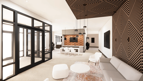 A modern living room with a white sofa and a patterned wall.