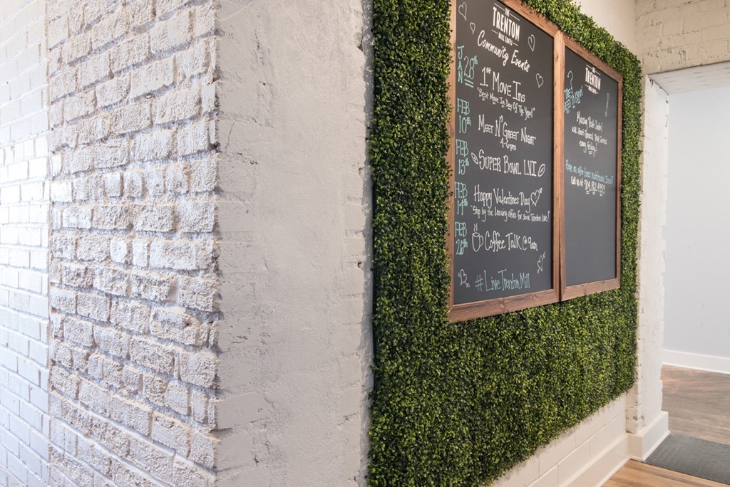 a green wall with a chalkboard and plants on it