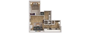 A small apartment with a bedroom, living room, and kitchen area.