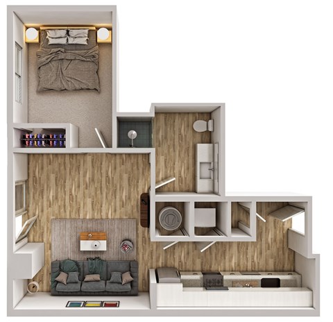 A small apartment with a bedroom, living room, and kitchen area.