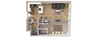 A 3D rendered image of a small apartment layout.