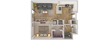 A top-down view of a small, neatly organized living space with a kitchen area, a bedroom, and a small storage area.