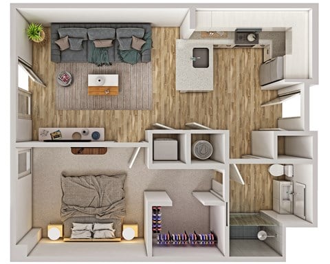 A top-down view of a small, neatly organized living space with a kitchen area, a bedroom, and a small storage area.
