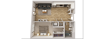A top-down view of a small, neatly organized apartment with a bedroom and living room.