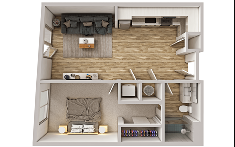 A top-down view of a small, neatly organized apartment with a bedroom and living room.