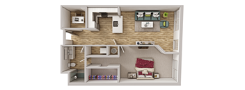 A dollhouse with a bedroom, living room, and kitchen.