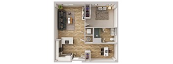 A top-down view of a small apartment with a living room, kitchen, and bedroom.