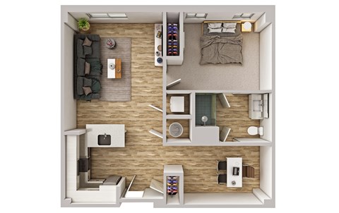 A top-down view of a small apartment with a living room, kitchen, and bedroom.