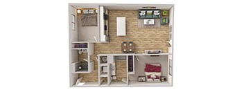 A 3D rendered image of a small apartment layout.