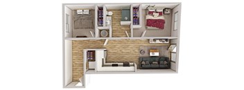 A 3D rendered image of a small apartment layout.