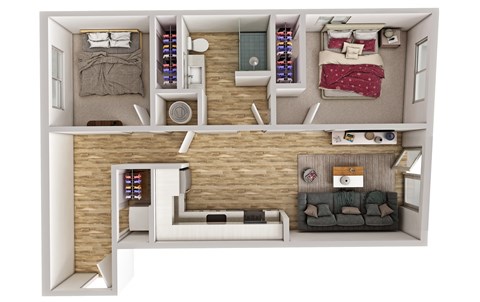 A 3D rendered image of a small apartment layout.