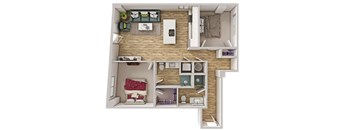 A top-down view of a small apartment with a kitchen, living room, and bedroom.