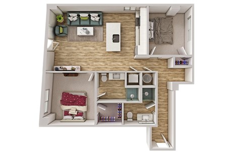 A top-down view of a small apartment with a kitchen, living room, and bedroom.