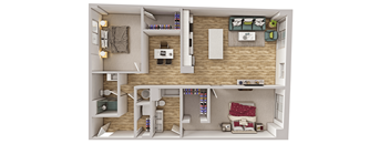 A 3D floor plan of a small apartment with a kitchen, living room, and bedroom.