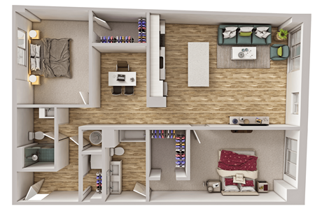 A 3D floor plan of a small apartment with a kitchen, living room, and bedroom.