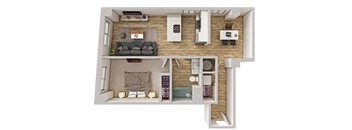 A top-down view of a small apartment with a living room, kitchen, and bathroom.