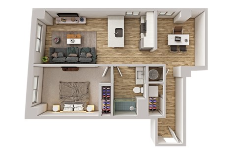 A top-down view of a small apartment with a living room, kitchen, and bathroom.