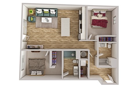 A top down view of a small apartment with a kitchen, living room, and bedroom.