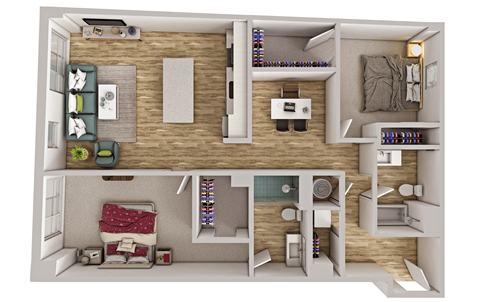 A top-down view of a small apartment with a kitchen, living room, and bedroom.