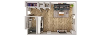 A top-down view of a small, modern, and well-organized living space.