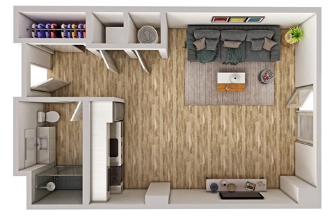 A top-down view of a small, modern, and well-organized living space.