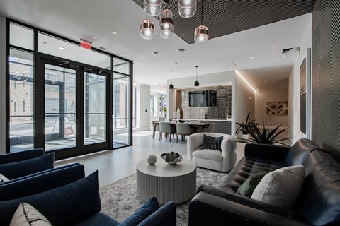 A modern living room with a black leather couch and a white sofa.