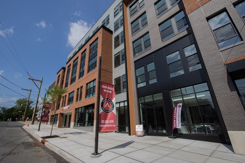 Exterior view of The Rail at Bound Brook, a luxury apartment community in Downtown Bound Brook, NJ.
