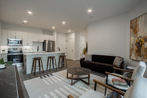 View of the kitchen and living room in a modern apartment near downtown Bound Brook, NJ.