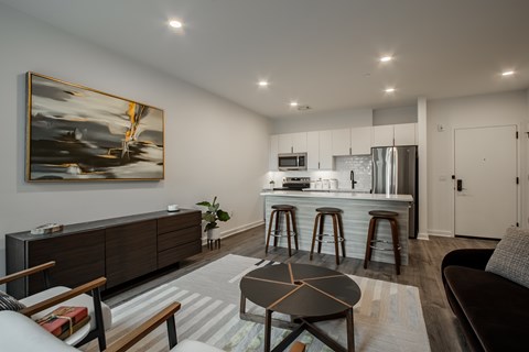 Contemporary open-concept layout of a luxury apartment at The Rail at Bound Brook, NJ.