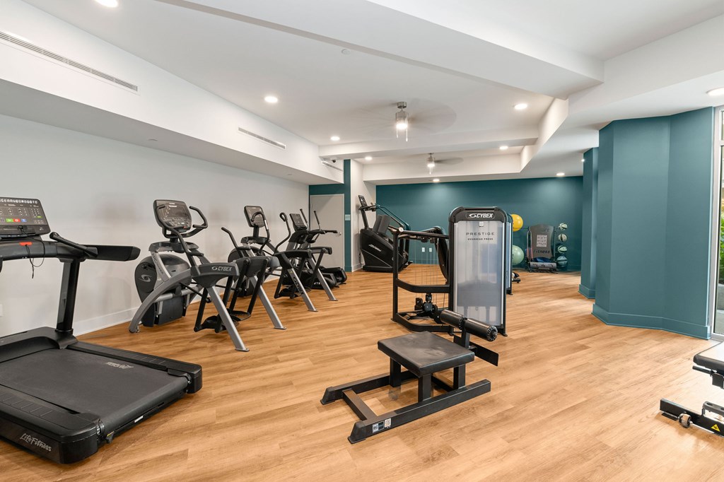 A gym with treadmills, exercise bikes, and weights.