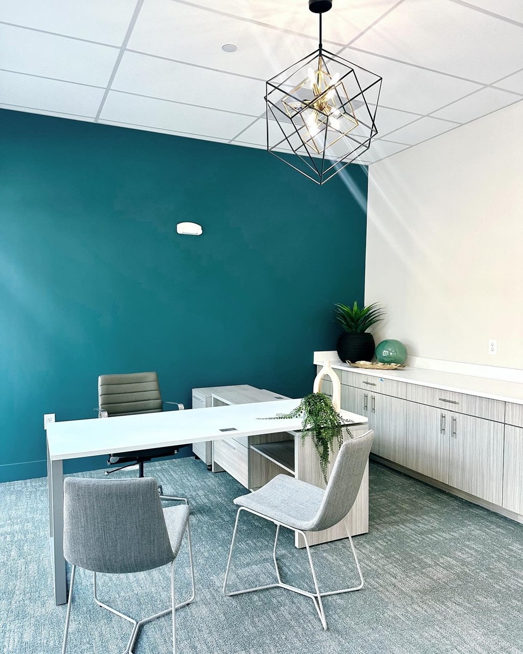 a conference room with a blue wall and a white table and chairs at Novi Rise, North Carolina