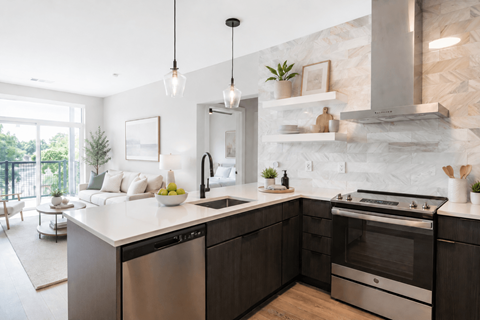 A modern kitchen with dark wood cabinets and stainless steel appliances.