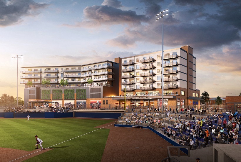 a rendering of a baseball field with a building in the background