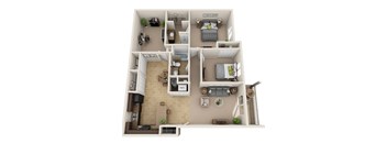 A 3D floor plan of a two-bedroom apartment with a living room, kitchen, and bathroom.