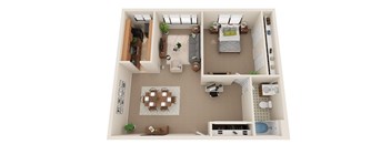 A top-down view of a small apartment with a living room, kitchen, and bedroom.