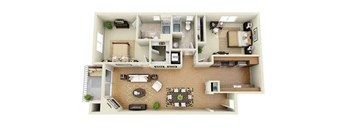 A top-down view of a house interior with a living room, kitchen, and dining area.