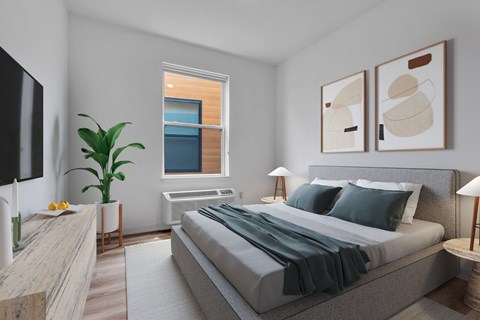 A modern bedroom with a large bed and a flat screen TV.
